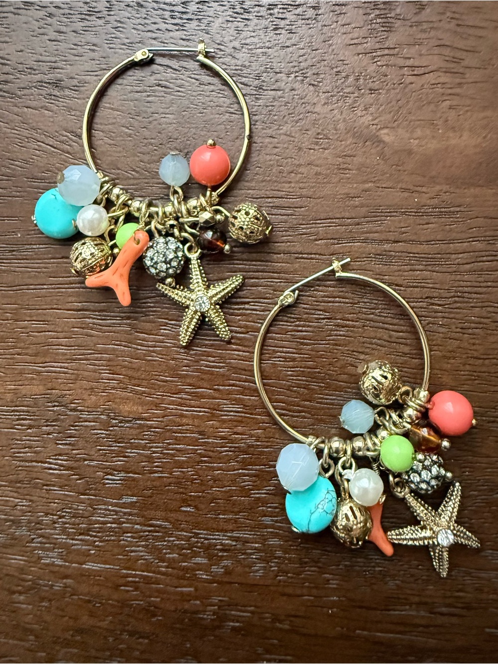 Gold Hoop Earrings with Starfish and Coral Charms - Picture 1 of 5